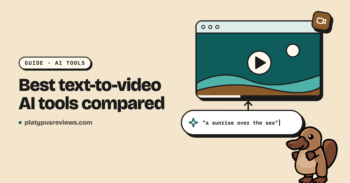 Illustration: a text prompt, "a sunrise over the sea", turning into a video, with the Platypus Reviews mascot