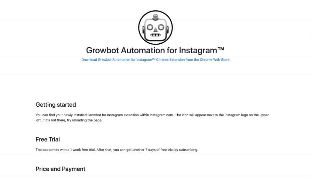 A screenshot of Growbot for Instagram's website