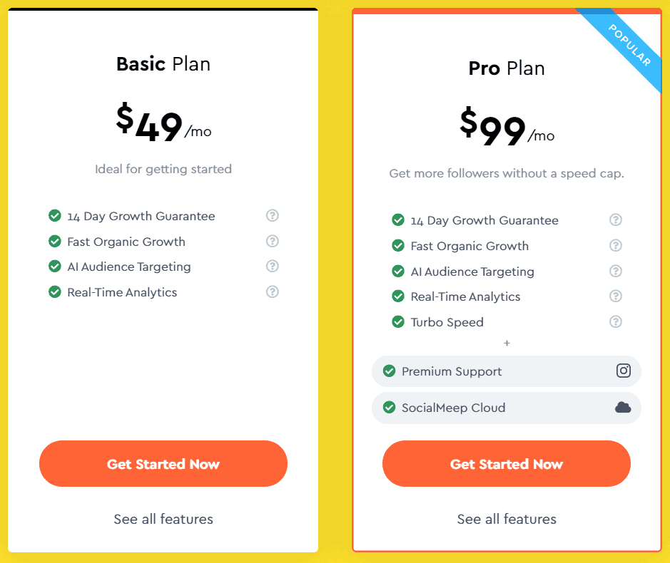 a screenshot depicting the pricing plan of Social Meep
