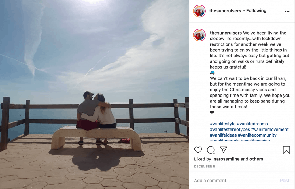 Screenshot from Instagram of travelling couple The Sun Cruisers