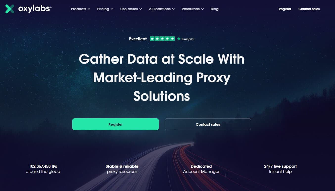 A screenshot of Oxylabs’ homepage