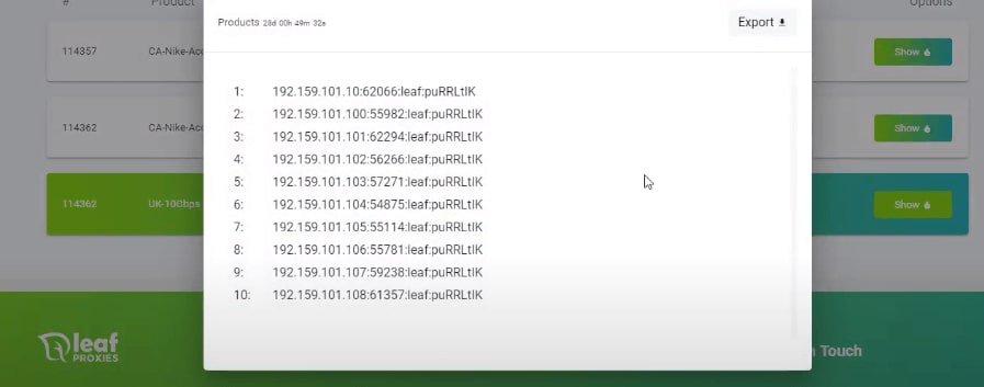 A screenshot of Leaf Proxies’ menu for datacenter proxies