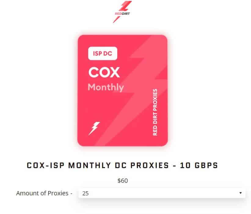 A screenshot of Red Dirt Proxies ISP datacenter pricing plans