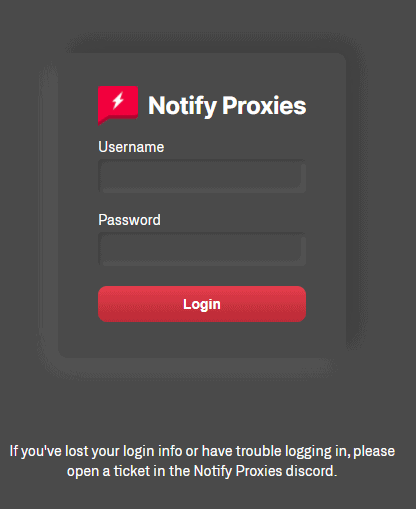  A screenshot of Notify Proxies’ dashboard login info