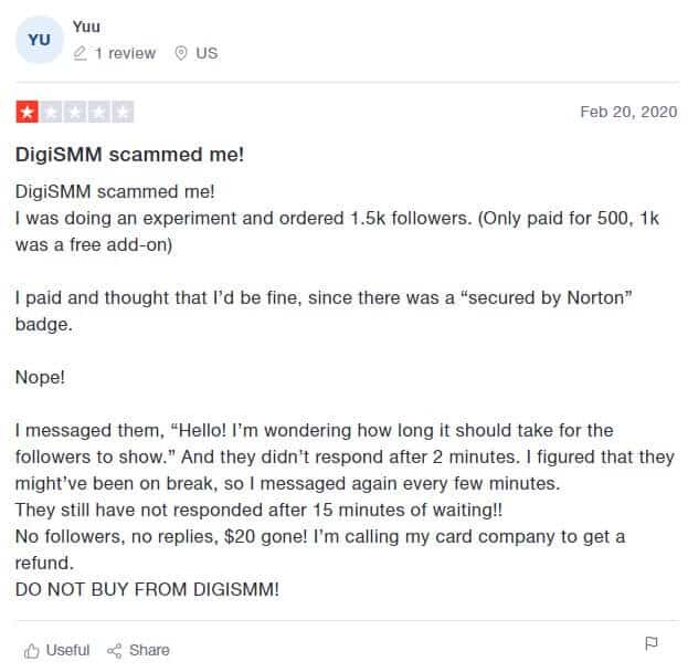 An image of a negative customer review on Trustpilot.