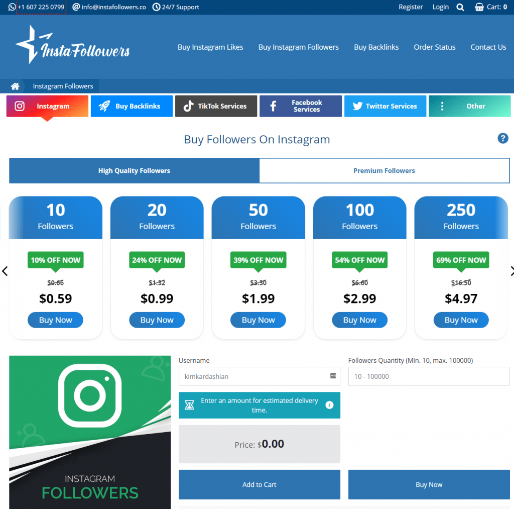 A screenshot depicting discount prices for instafollowers services