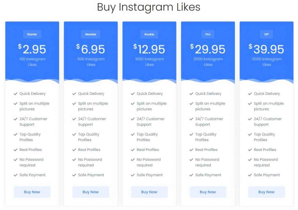 A screenshot of Instapromote’s tariff plans for buying followers