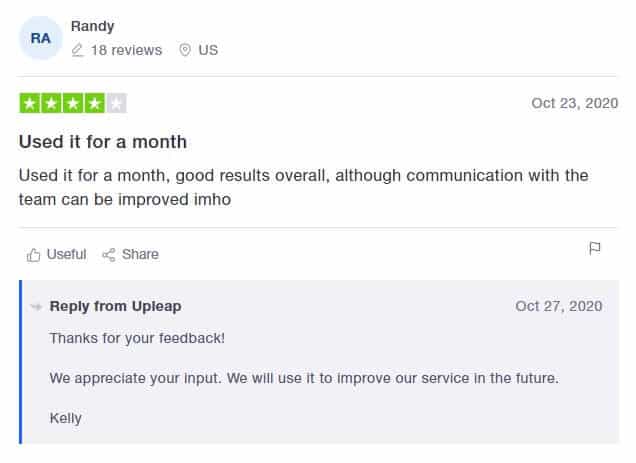 A screenshot of a positive Upleap review on Trustpilot.