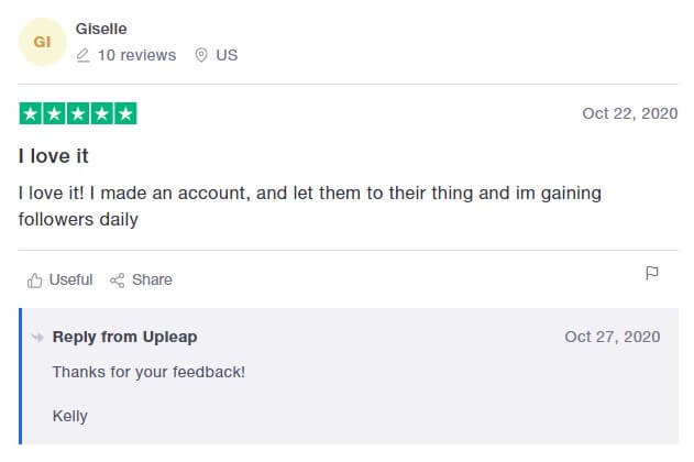 A screenshot of a positive Upleap review on Trustpilot.