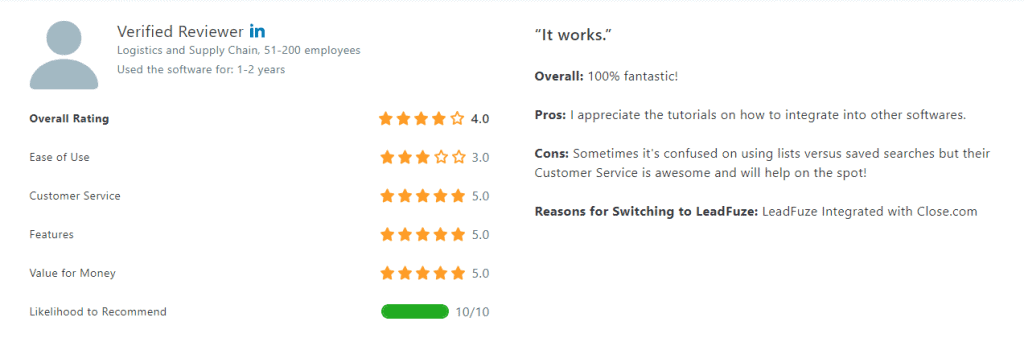  A screenshot showing customer feedback.
