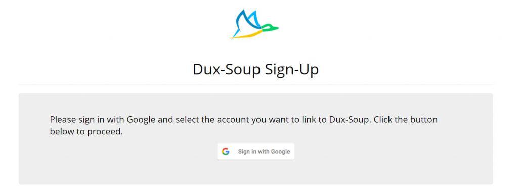 A screenshot of the sign-up process on Dux-Soup’s website.