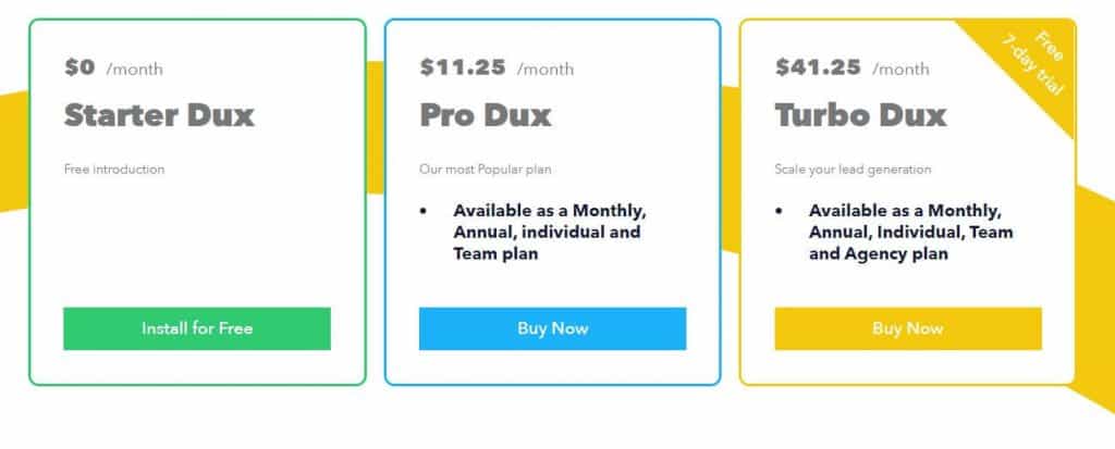 A picture showing the individual price plans for the Dux-Soup automation tool.
