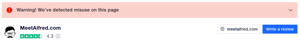 A screenshot showing a notification that pops up when you search for Meet Alfred on Trustpilot.