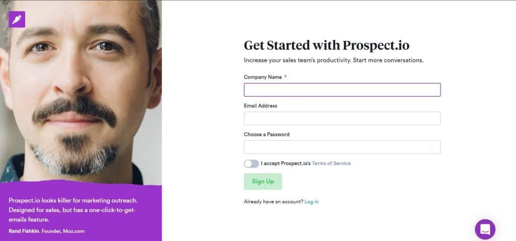 A screenshot of the sign-up form from Prospect.io’s website.