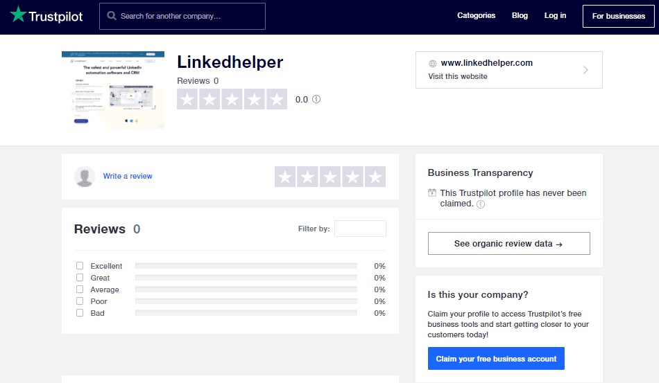 A screenshot showing the trustpilot page