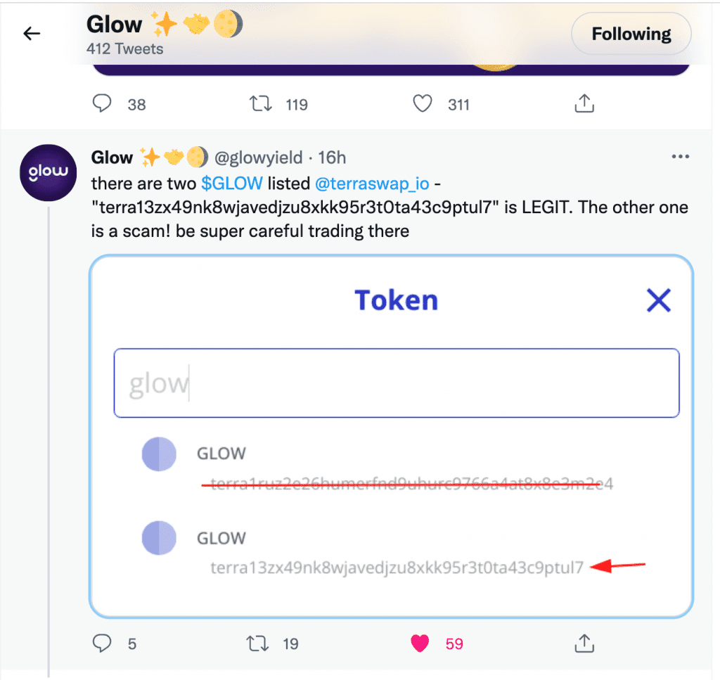 A screenshot taken from the Glow's Twitter page warning people about a Glow scam and a fake Glow Token