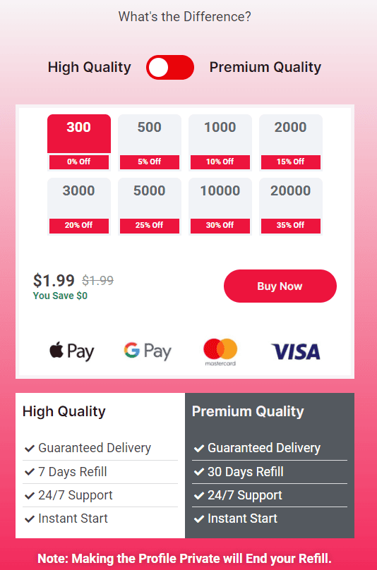 A screenshot of Mr. Insta’s pricing plans.
