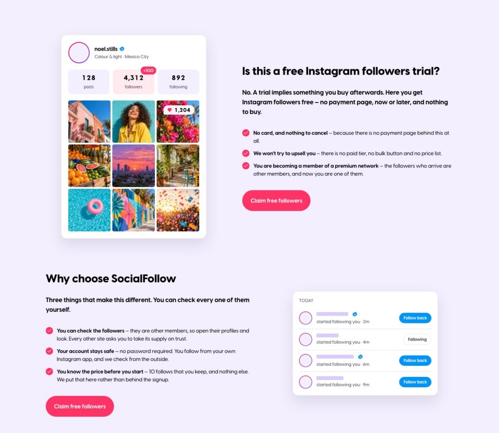 SocialFollow section explaining it is not a trial and why to choose the service