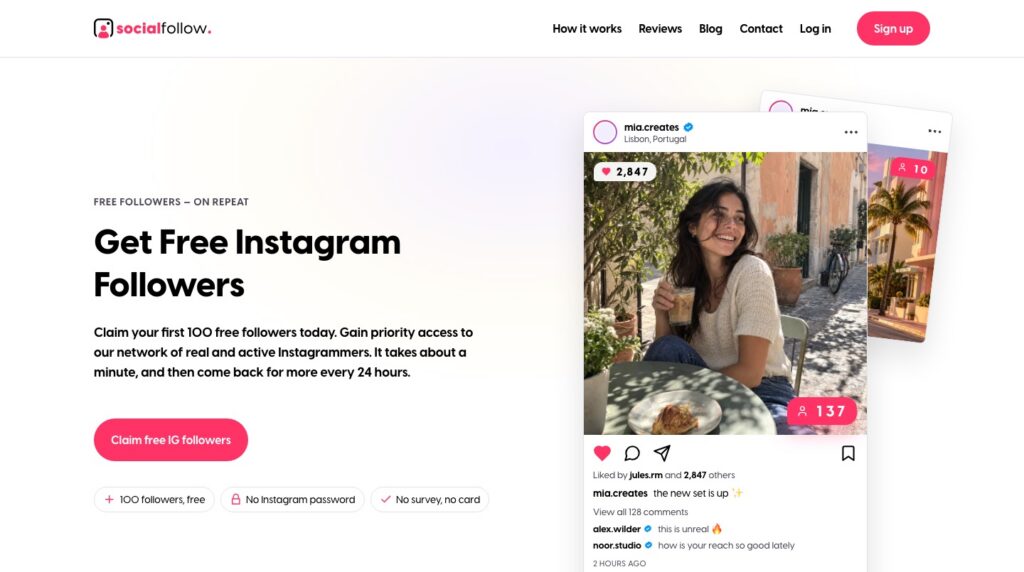SocialFollow homepage hero section offering 100 free Instagram followers with no password