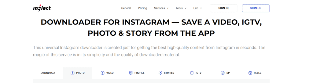 inflact- downloader for instagram, screenshot of page