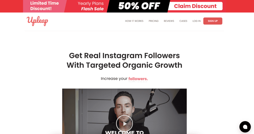 Screenshot of upleap Instagram growth service homepage