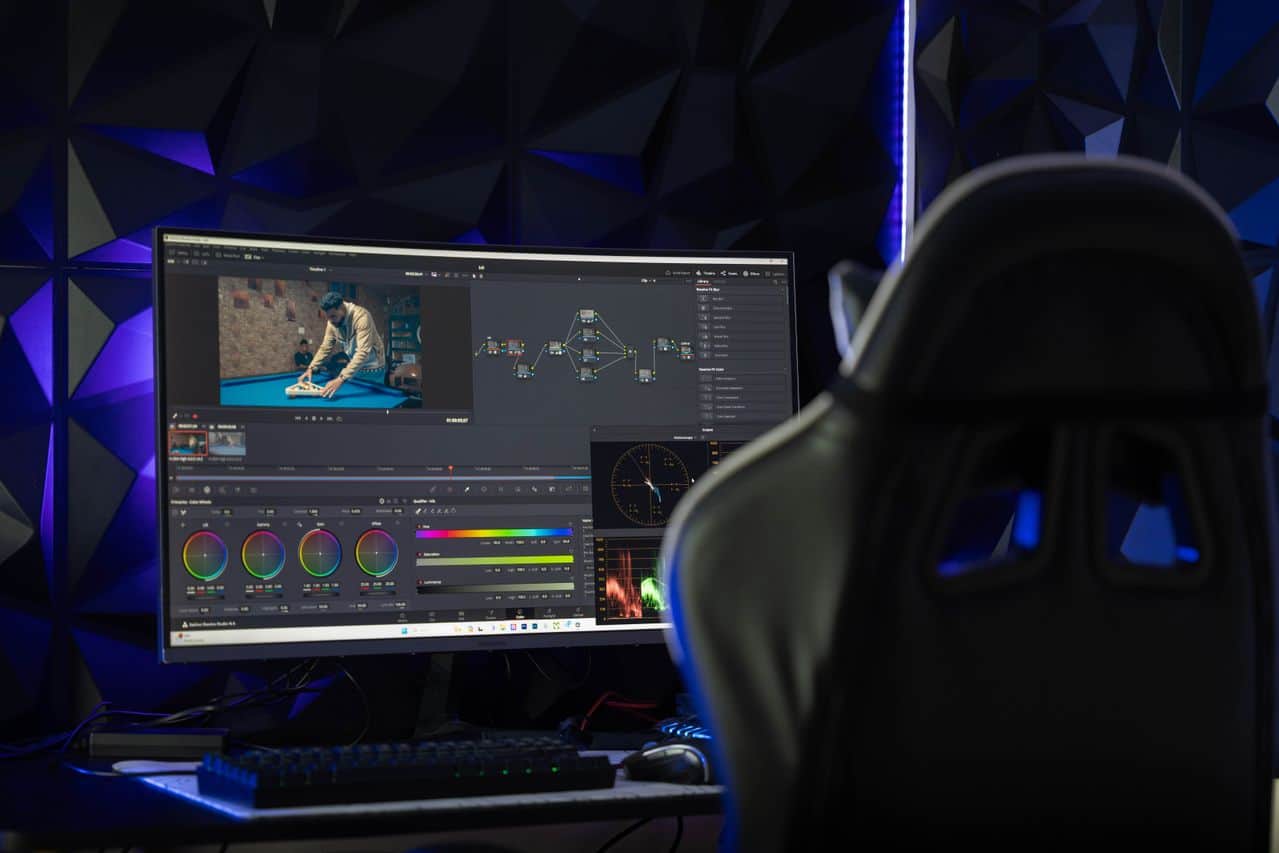 Video editing workstation showing a professional timeline and color grading tools for AI video production.