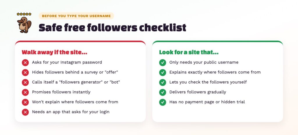 Checklist for choosing safe free Instagram followers sites